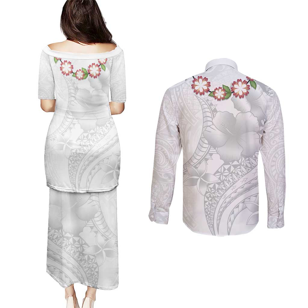 Manuia le Aso Sa o Tamaiti Tonga Couples Matching Puletasi and Long Sleeve Button Shirt White Sunday Heilala Lei LT9 - Polynesian Pride