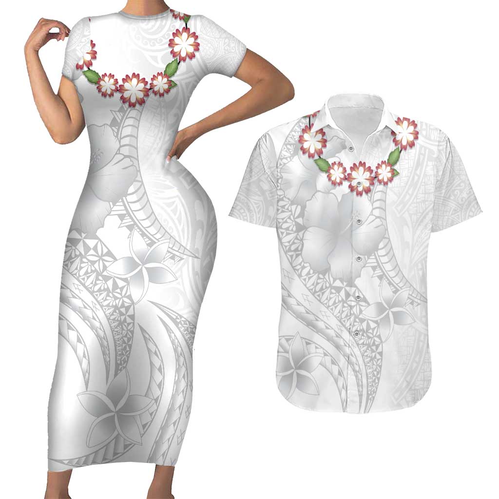 Manuia le Aso Sa o Tamaiti Tonga Couples Matching Short Sleeve Bodycon Dress and Hawaiian Shirt White Sunday Heilala Lei LT9 White - Polynesian Pride