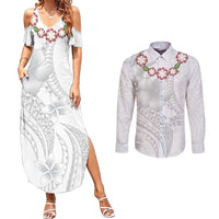 Manuia le Aso Sa o Tamaiti Tonga Couples Matching Summer Maxi Dress and Long Sleeve Button Shirt White Sunday Heilala Lei LT9 White - Polynesian Pride