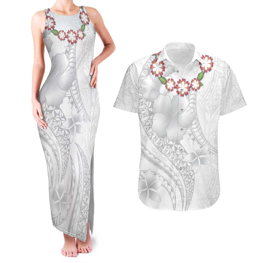 Manuia le Aso Sa o Tamaiti Tonga Couples Matching Tank Maxi Dress and Hawaiian Shirt White Sunday Heilala Lei LT9 White - Polynesian Pride