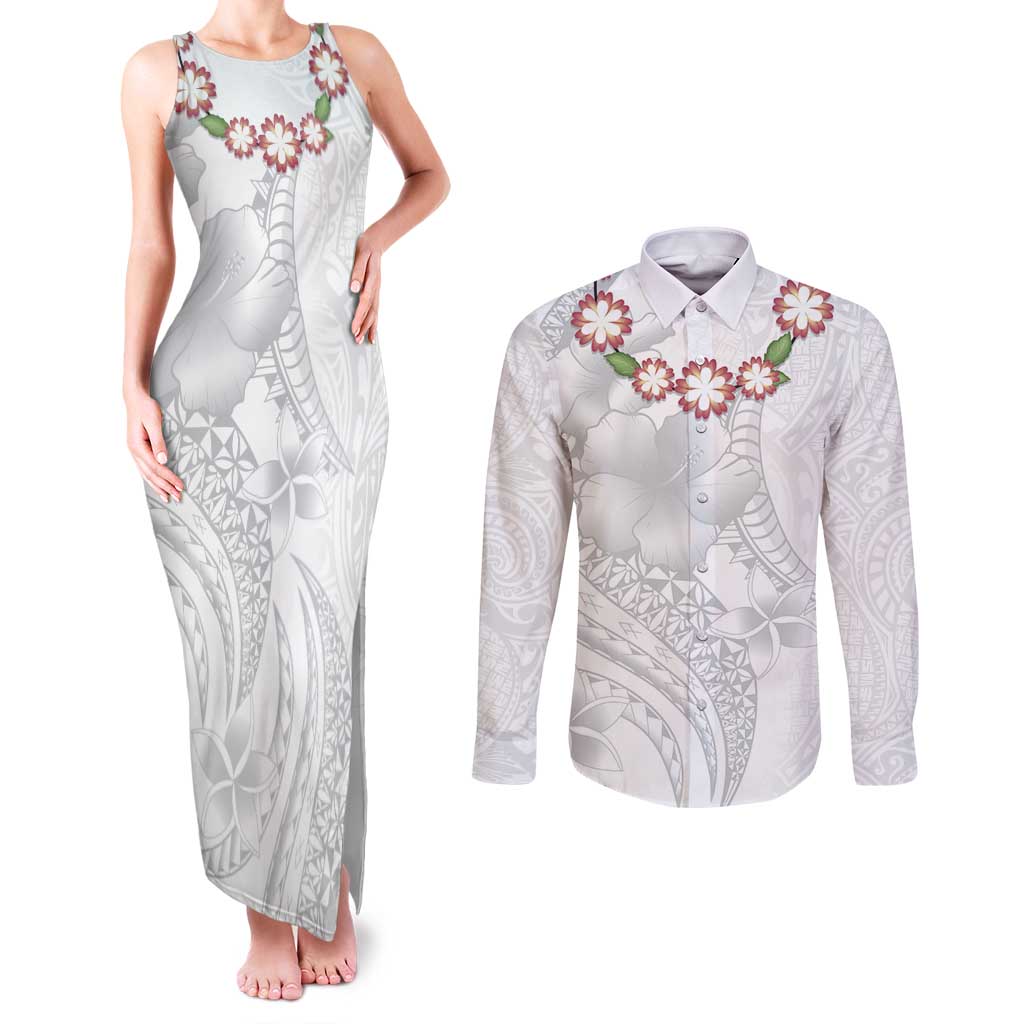 Manuia le Aso Sa o Tamaiti Tonga Couples Matching Tank Maxi Dress and Long Sleeve Button Shirt White Sunday Heilala Lei LT9 White - Polynesian Pride