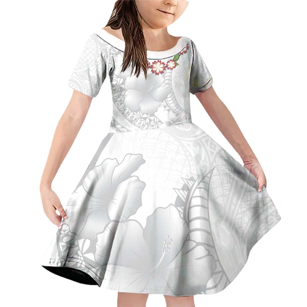 Manuia le Aso Sa o Tamaiti Tonga Family Matching Off Shoulder Short Dress and Hawaiian Shirt White Sunday Heilala Lei LT9 Daughter's Dress White - Polynesian Pride