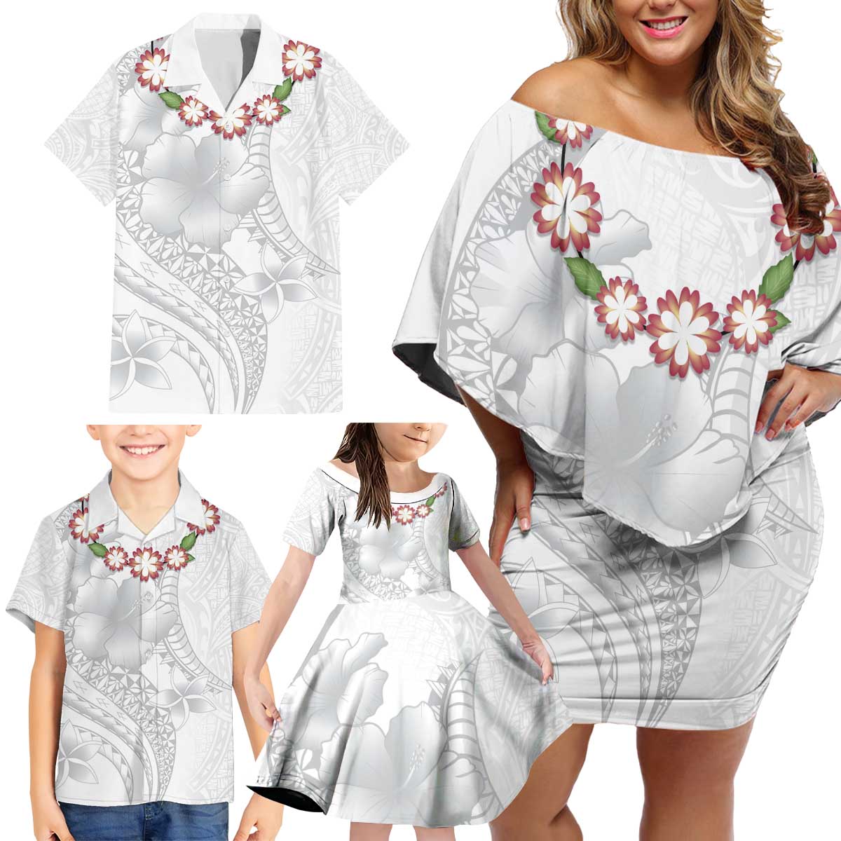Manuia le Aso Sa o Tamaiti Tonga Family Matching Off Shoulder Short Dress and Hawaiian Shirt White Sunday Heilala Lei LT9 - Polynesian Pride