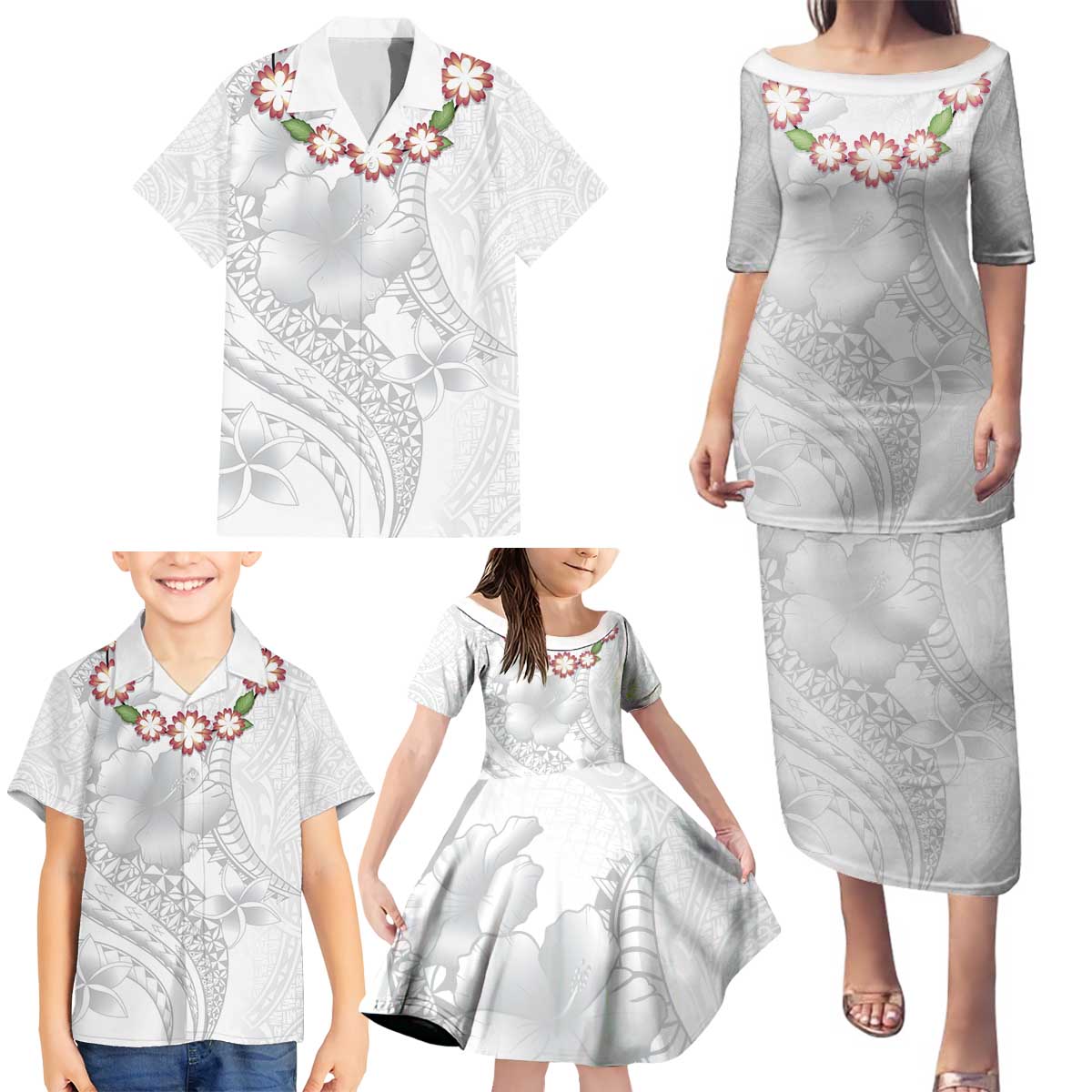 Manuia le Aso Sa o Tamaiti Tonga Family Matching Puletasi and Hawaiian Shirt White Sunday Heilala Lei LT9 - Polynesian Pride