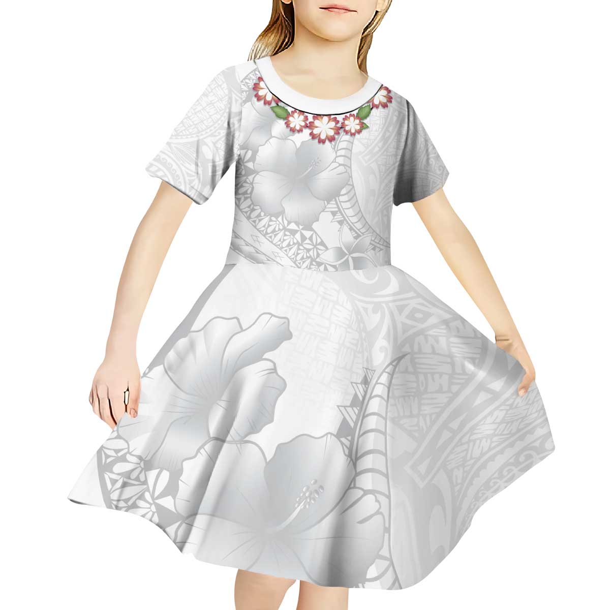 Manuia le Aso Sa o Tamaiti Tonga Kid Short Sleeve Dress White Sunday Heilala Lei LT9 - Polynesian Pride
