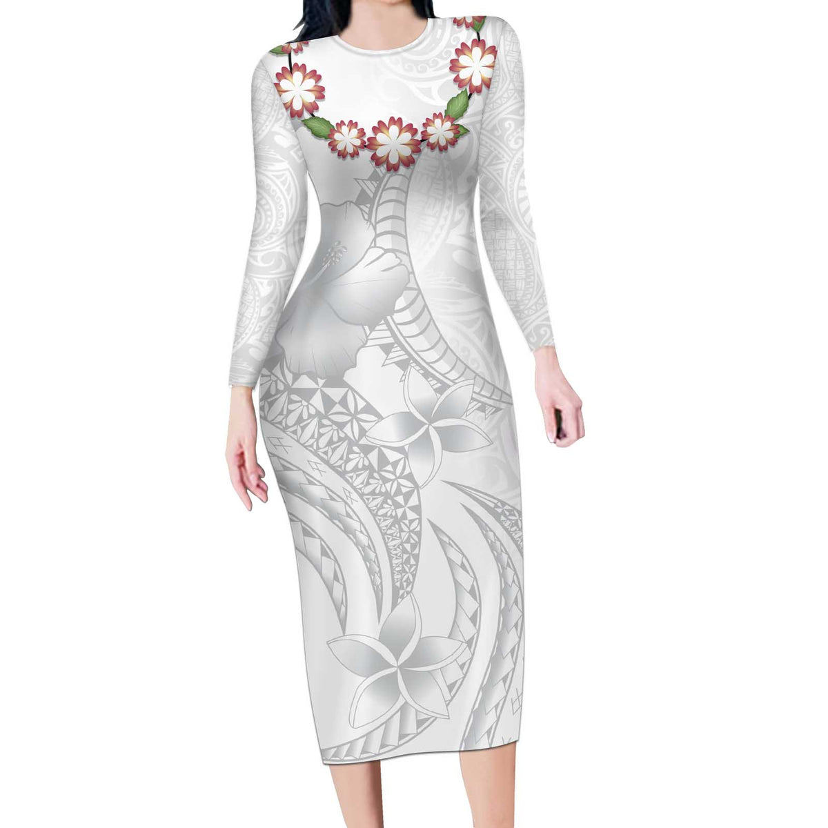 Manuia le Aso Sa o Tamaiti Tonga Long Sleeve Bodycon Dress White Sunday Heilala Lei LT9 Long Dress White - Polynesian Pride
