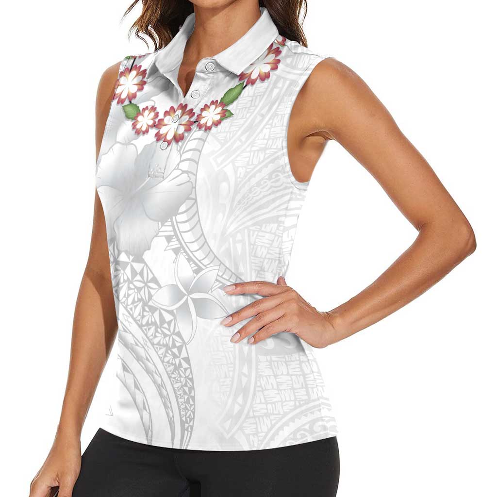 Manuia le Aso Sa o Tamaiti Tonga Women Sleeveless Polo Shirt White Sunday Heilala Lei LT9 - Polynesian Pride
