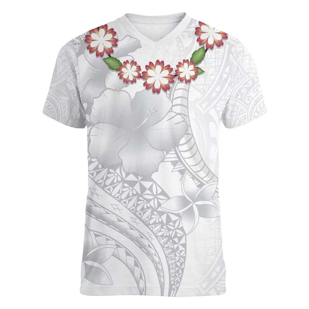 Manuia le Aso Sa o Tamaiti Tonga Women V-Neck T-Shirt White Sunday Heilala Lei LT9 Female White - Polynesian Pride
