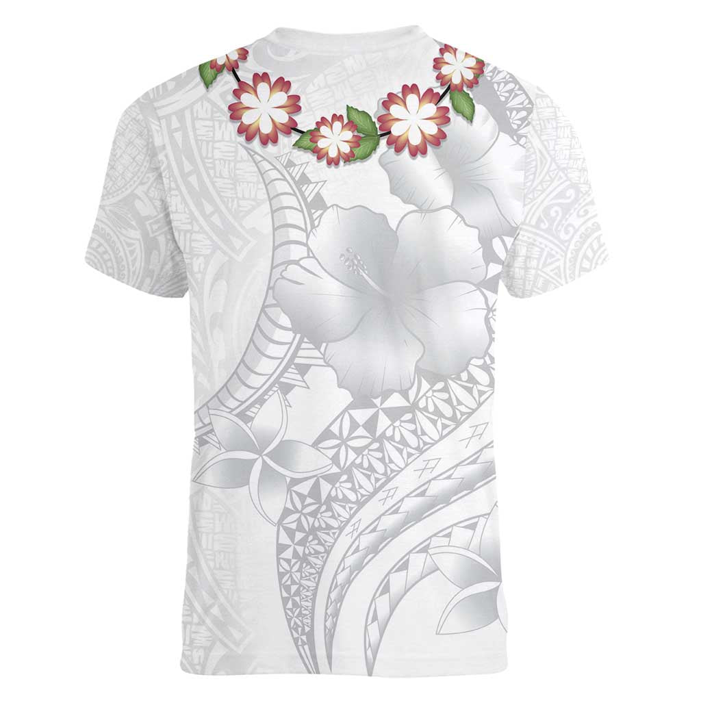 Manuia le Aso Sa o Tamaiti Tonga Women V-Neck T-Shirt White Sunday Heilala Lei LT9 - Polynesian Pride