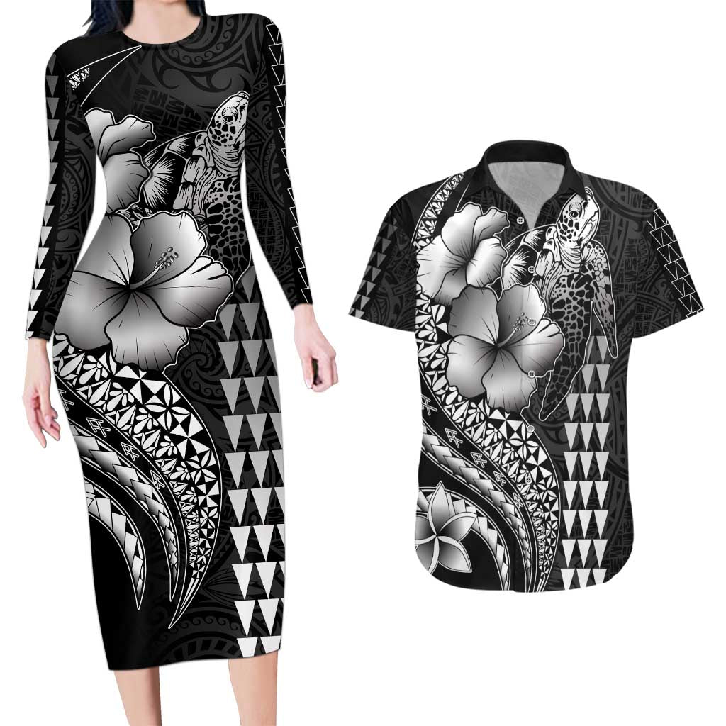 Hawaiian Sea Turtle Couples Matching Long Sleeve Bodycon Dress and Hawaiian Shirt Black Hibiscus Flowers and Kakau Pattern LT9 Black - Polynesian Pride