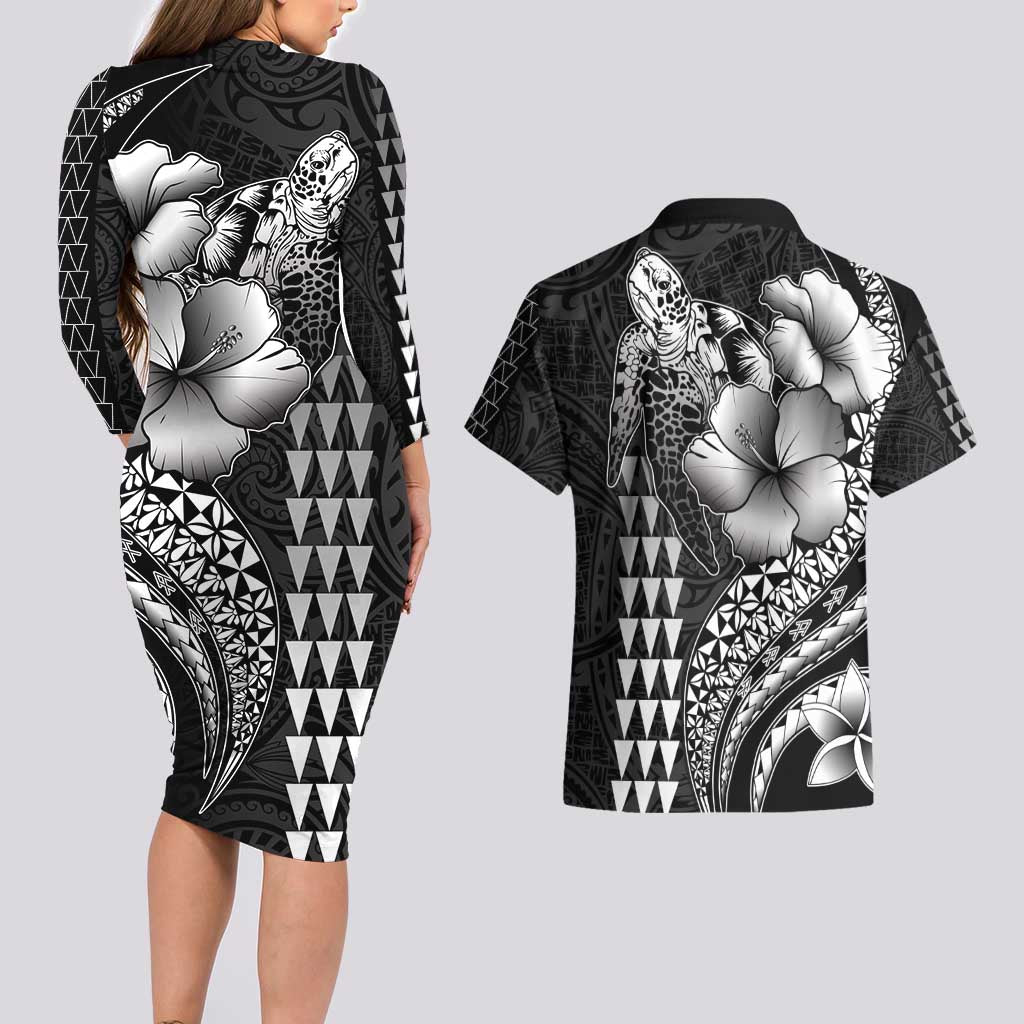 Hawaiian Sea Turtle Couples Matching Long Sleeve Bodycon Dress and Hawaiian Shirt Black Hibiscus Flowers and Kakau Pattern LT9 - Polynesian Pride