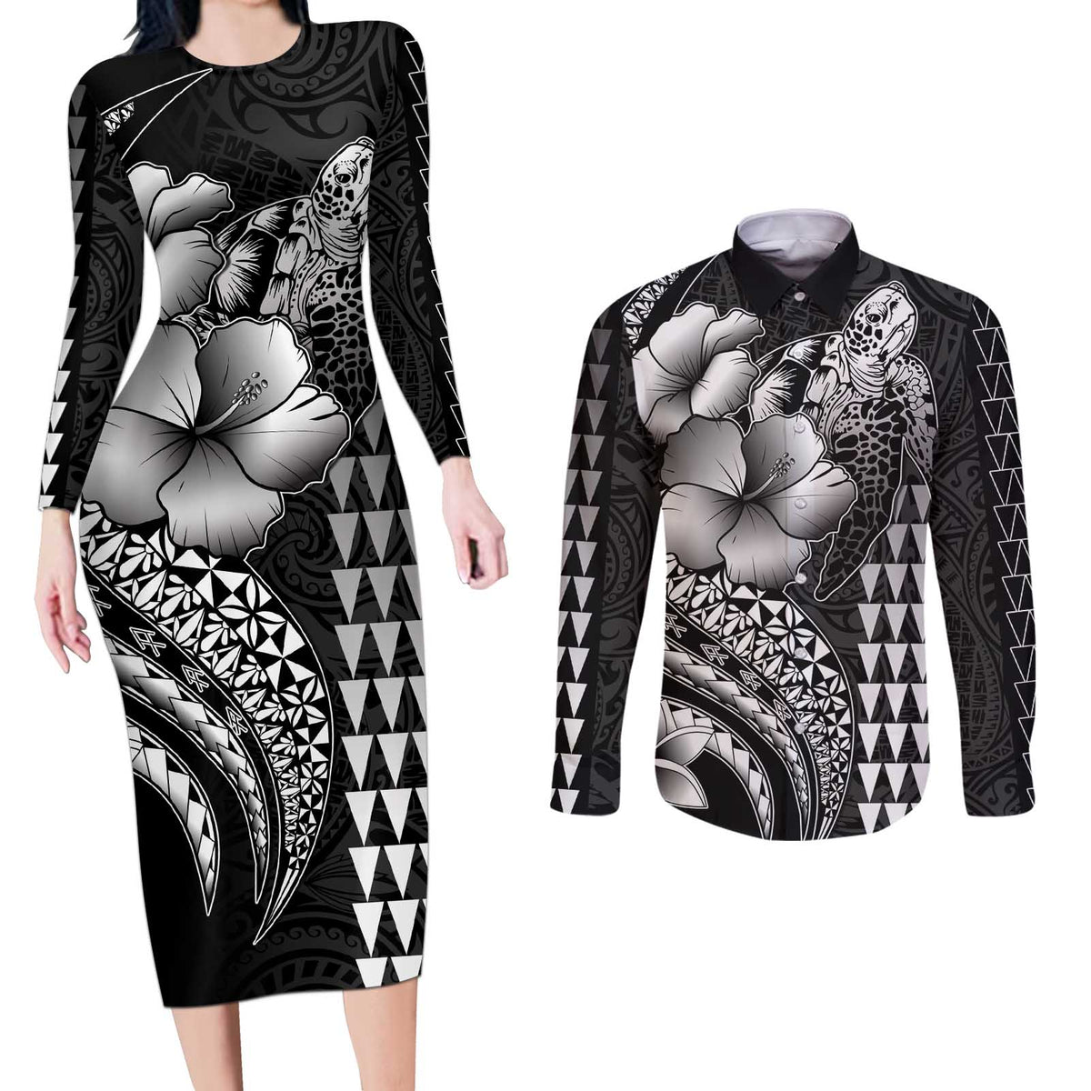 Hawaiian Sea Turtle Couples Matching Long Sleeve Bodycon Dress and Long Sleeve Button Shirt Black Hibiscus Flowers and Kakau Pattern LT9 Black - Polynesian Pride