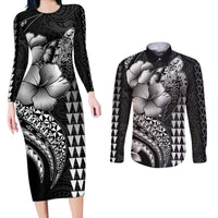Hawaiian Sea Turtle Couples Matching Long Sleeve Bodycon Dress and Long Sleeve Button Shirt Black Hibiscus Flowers and Kakau Pattern LT9 Black - Polynesian Pride