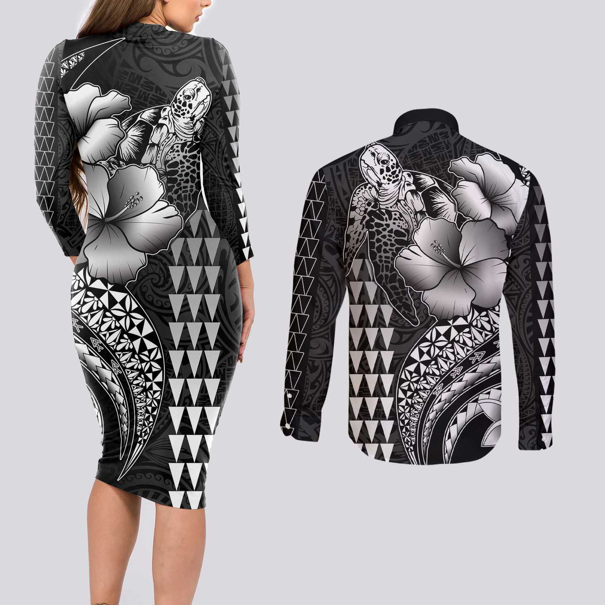 Hawaiian Sea Turtle Couples Matching Long Sleeve Bodycon Dress and Long Sleeve Button Shirt Black Hibiscus Flowers and Kakau Pattern LT9 - Polynesian Pride