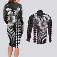 Hawaiian Sea Turtle Couples Matching Long Sleeve Bodycon Dress and Long Sleeve Button Shirt Black Hibiscus Flowers and Kakau Pattern LT9 - Polynesian Pride