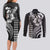 Hawaiian Sea Turtle Couples Matching Long Sleeve Bodycon Dress and Long Sleeve Button Shirt Black Hibiscus Flowers and Kakau Pattern