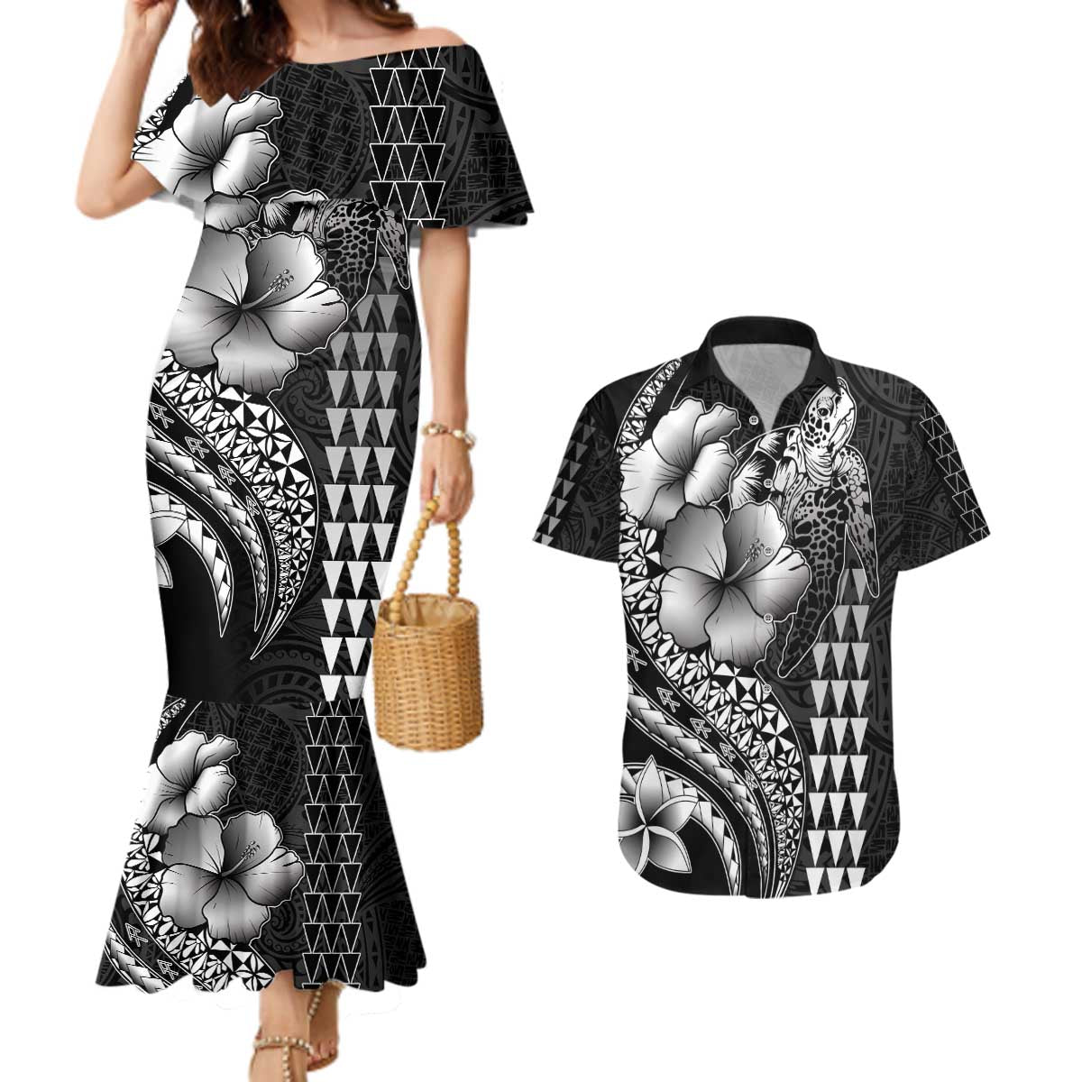 Hawaiian Sea Turtle Couples Matching Mermaid Dress and Hawaiian Shirt Black Hibiscus Flowers and Kakau Pattern LT9 Black - Polynesian Pride