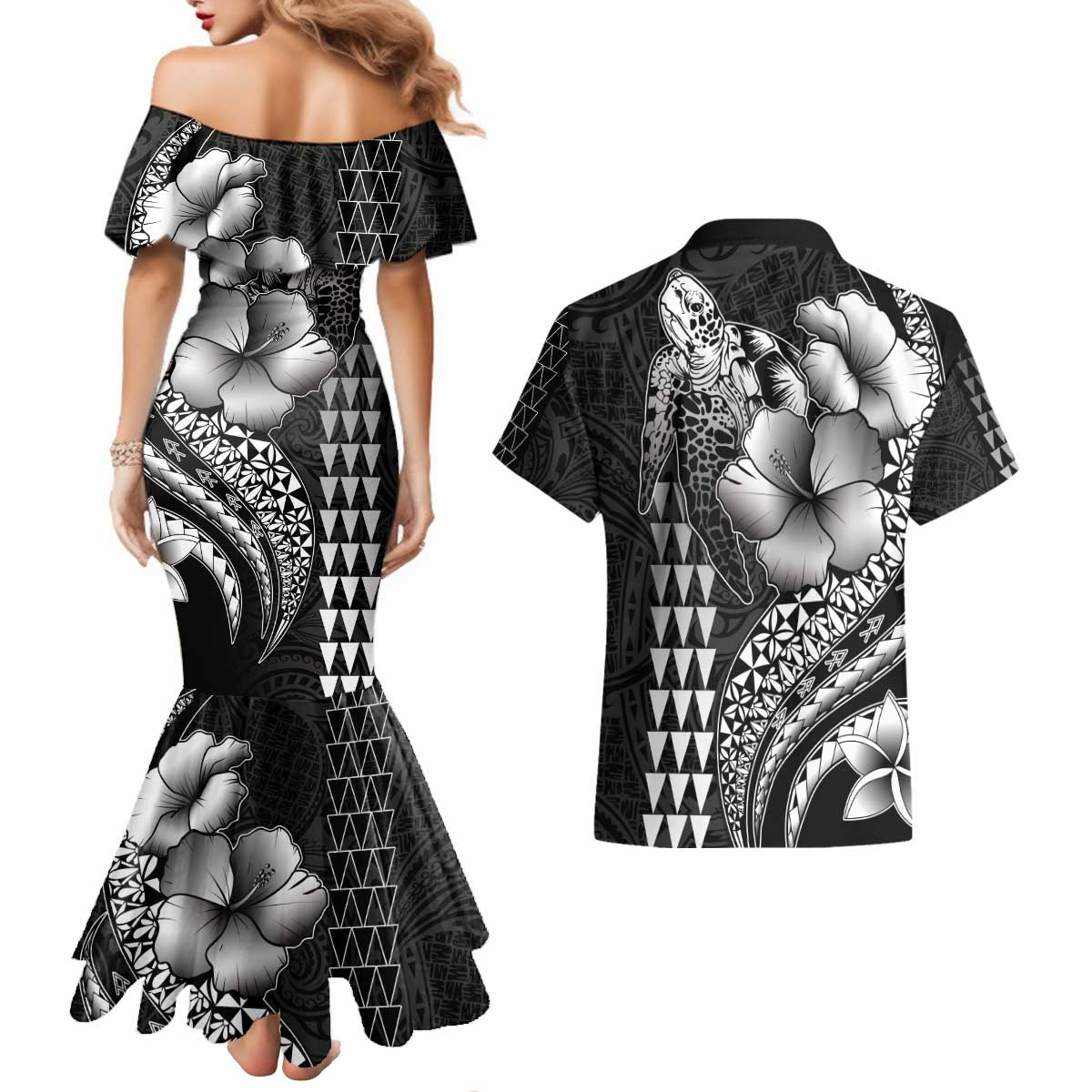 Hawaiian Sea Turtle Couples Matching Mermaid Dress and Hawaiian Shirt Black Hibiscus Flowers and Kakau Pattern LT9 - Polynesian Pride