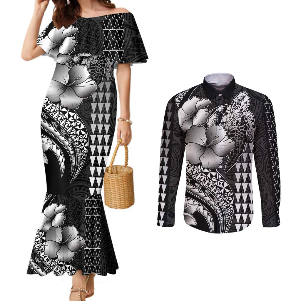 Hawaiian Sea Turtle Couples Matching Mermaid Dress and Long Sleeve Button Shirt Black Hibiscus Flowers and Kakau Pattern LT9 Black - Polynesian Pride