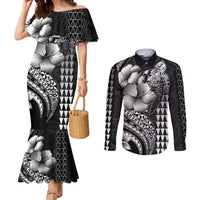 Hawaiian Sea Turtle Couples Matching Mermaid Dress and Long Sleeve Button Shirt Black Hibiscus Flowers and Kakau Pattern LT9 Black - Polynesian Pride