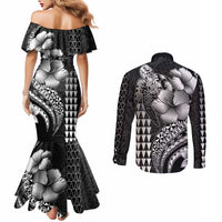 Hawaiian Sea Turtle Couples Matching Mermaid Dress and Long Sleeve Button Shirt Black Hibiscus Flowers and Kakau Pattern LT9 - Polynesian Pride