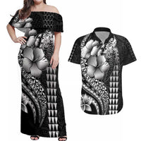 Hawaiian Sea Turtle Couples Matching Off Shoulder Maxi Dress and Hawaiian Shirt Black Hibiscus Flowers and Kakau Pattern LT9 Black - Polynesian Pride