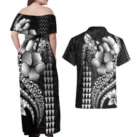 Hawaiian Sea Turtle Couples Matching Off Shoulder Maxi Dress and Hawaiian Shirt Black Hibiscus Flowers and Kakau Pattern LT9 - Polynesian Pride