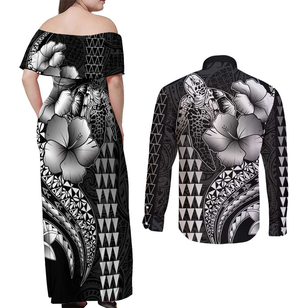 Hawaiian Sea Turtle Couples Matching Off Shoulder Maxi Dress and Long Sleeve Button Shirt Black Hibiscus Flowers and Kakau Pattern LT9 - Polynesian Pride
