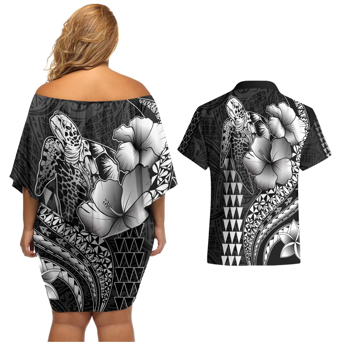 Hawaiian Sea Turtle Couples Matching Off Shoulder Short Dress and Hawaiian Shirt Black Hibiscus Flowers and Kakau Pattern LT9 - Polynesian Pride