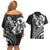 Hawaiian Sea Turtle Couples Matching Off Shoulder Short Dress and Hawaiian Shirt Black Hibiscus Flowers and Kakau Pattern