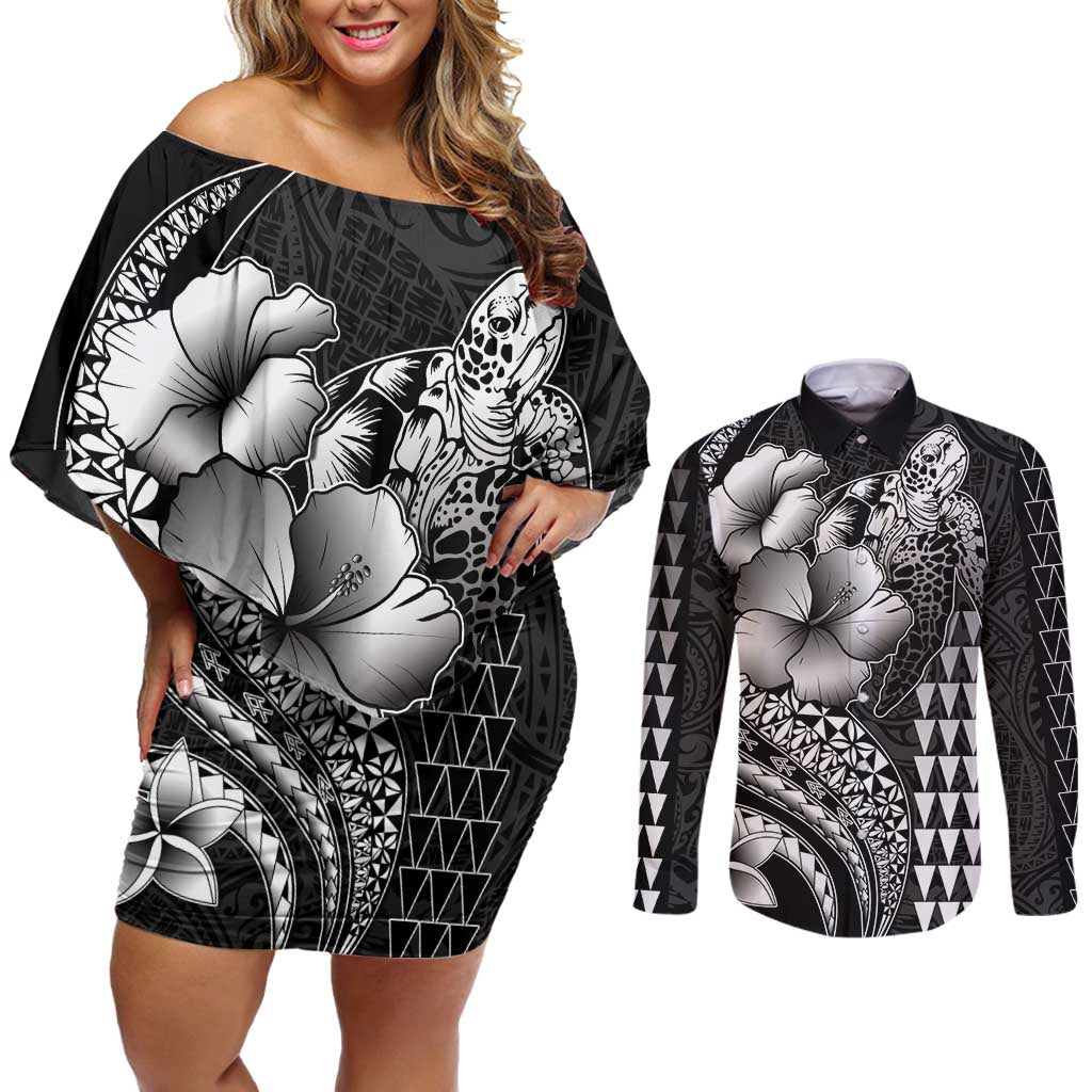 Hawaiian Sea Turtle Couples Matching Off Shoulder Short Dress and Long Sleeve Button Shirt Black Hibiscus Flowers and Kakau Pattern LT9 Black - Polynesian Pride