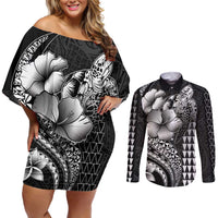 Hawaiian Sea Turtle Couples Matching Off Shoulder Short Dress and Long Sleeve Button Shirt Black Hibiscus Flowers and Kakau Pattern LT9 Black - Polynesian Pride