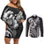 Hawaiian Sea Turtle Couples Matching Off Shoulder Short Dress and Long Sleeve Button Shirt Black Hibiscus Flowers and Kakau Pattern