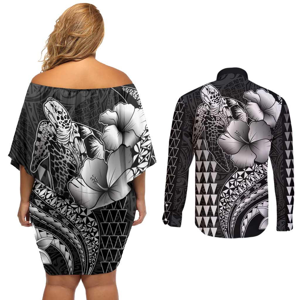 Hawaiian Sea Turtle Couples Matching Off Shoulder Short Dress and Long Sleeve Button Shirt Black Hibiscus Flowers and Kakau Pattern LT9 - Polynesian Pride