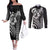 Hawaiian Sea Turtle Couples Matching Off The Shoulder Long Sleeve Dress and Long Sleeve Button Shirt Black Hibiscus Flowers and Kakau Pattern
