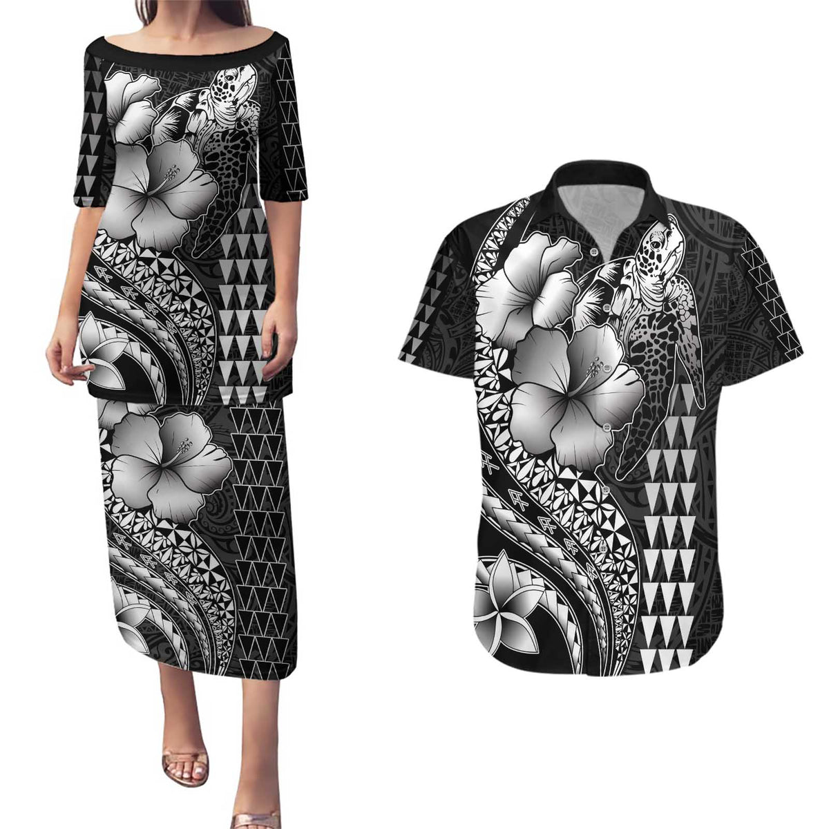 Hawaiian Sea Turtle Couples Matching Puletasi and Hawaiian Shirt Black Hibiscus Flowers and Kakau Pattern LT9 Black - Polynesian Pride