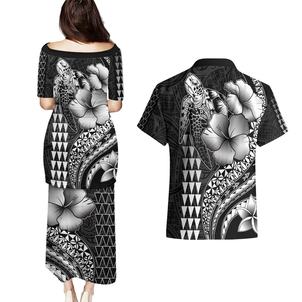 Hawaiian Sea Turtle Couples Matching Puletasi and Hawaiian Shirt Black Hibiscus Flowers and Kakau Pattern LT9 - Polynesian Pride