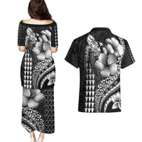 Hawaiian Sea Turtle Couples Matching Puletasi and Hawaiian Shirt Black Hibiscus Flowers and Kakau Pattern LT9 - Polynesian Pride
