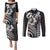 Hawaiian Sea Turtle Couples Matching Puletasi and Long Sleeve Button Shirt Black Hibiscus Flowers and Kakau Pattern
