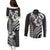 Hawaiian Sea Turtle Couples Matching Puletasi and Long Sleeve Button Shirt Black Hibiscus Flowers and Kakau Pattern