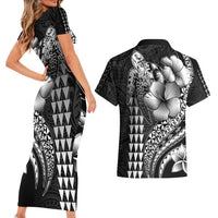 Hawaiian Sea Turtle Couples Matching Short Sleeve Bodycon Dress and Hawaiian Shirt Black Hibiscus Flowers and Kakau Pattern LT9 - Polynesian Pride