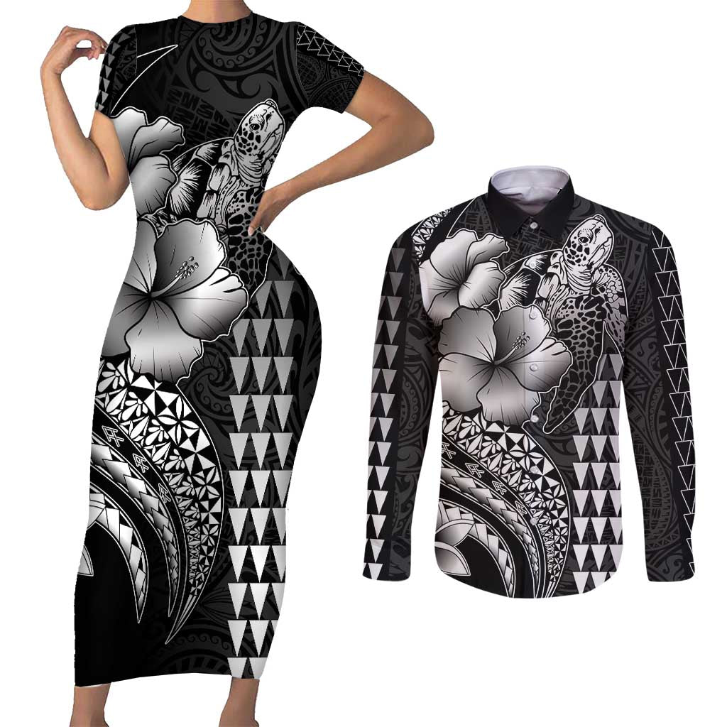 Hawaiian Sea Turtle Couples Matching Short Sleeve Bodycon Dress and Long Sleeve Button Shirt Black Hibiscus Flowers and Kakau Pattern