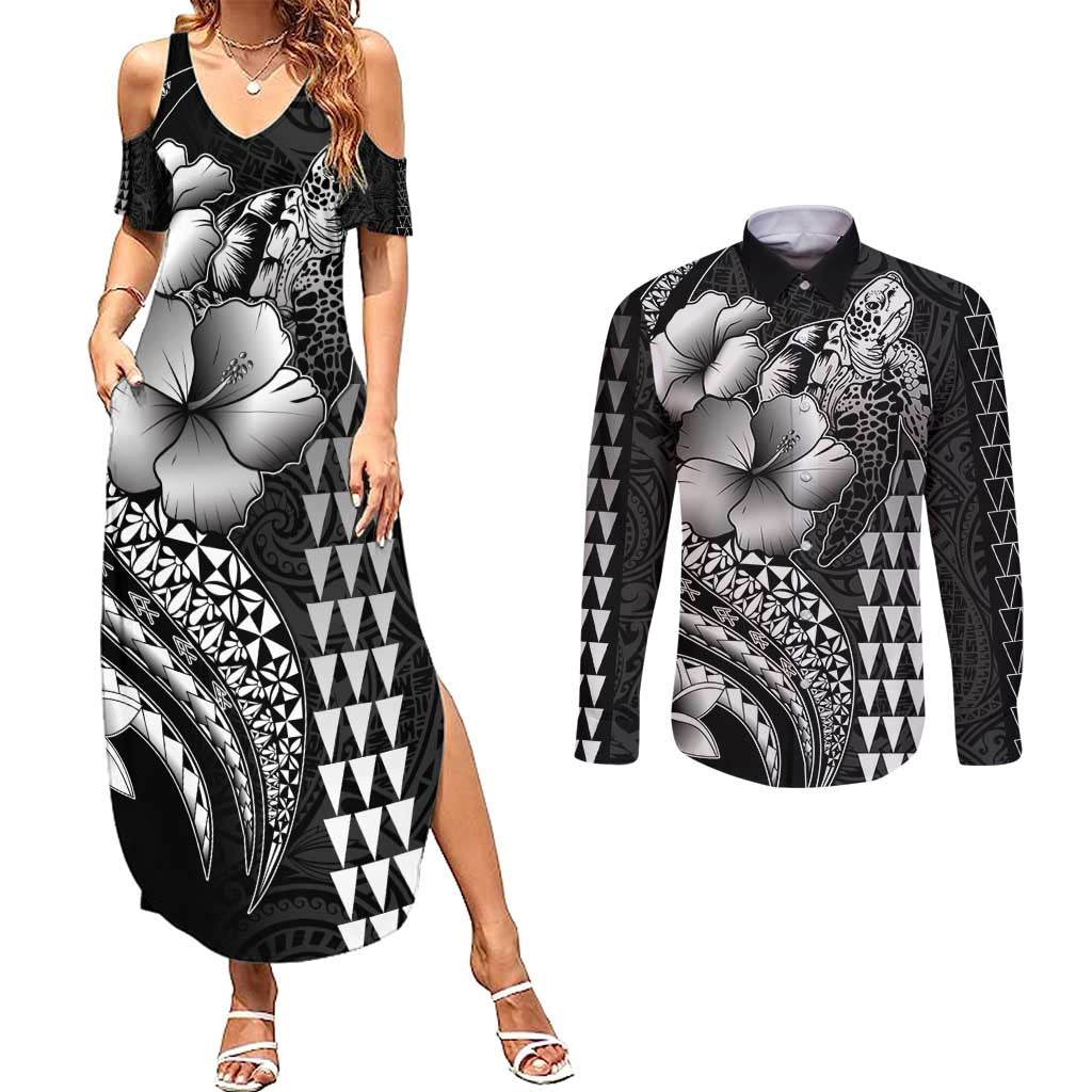 Hawaiian Sea Turtle Couples Matching Summer Maxi Dress and Long Sleeve Button Shirt Black Hibiscus Flowers and Kakau Pattern LT9 Black - Polynesian Pride