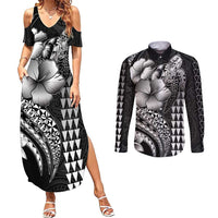 Hawaiian Sea Turtle Couples Matching Summer Maxi Dress and Long Sleeve Button Shirt Black Hibiscus Flowers and Kakau Pattern LT9 Black - Polynesian Pride