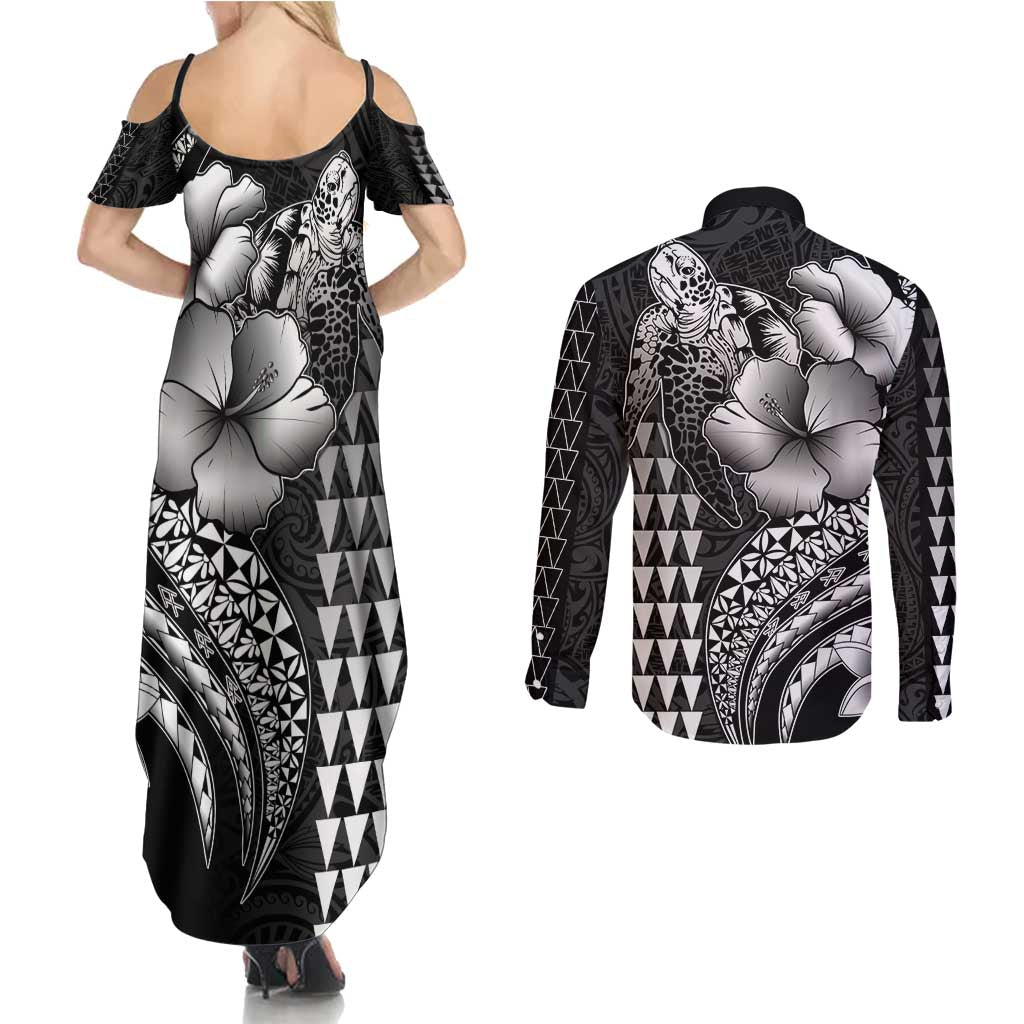 Hawaiian Sea Turtle Couples Matching Summer Maxi Dress and Long Sleeve Button Shirt Black Hibiscus Flowers and Kakau Pattern LT9 - Polynesian Pride