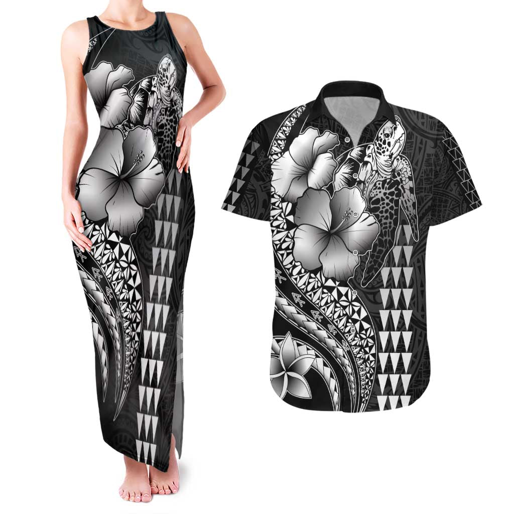 Hawaiian Sea Turtle Couples Matching Tank Maxi Dress and Hawaiian Shirt Black Hibiscus Flowers and Kakau Pattern LT9 Black - Polynesian Pride