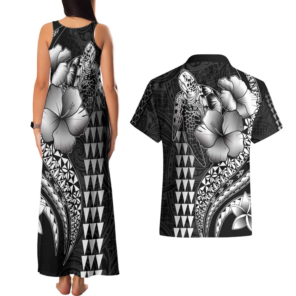 Hawaiian Sea Turtle Couples Matching Tank Maxi Dress and Hawaiian Shirt Black Hibiscus Flowers and Kakau Pattern LT9 - Polynesian Pride