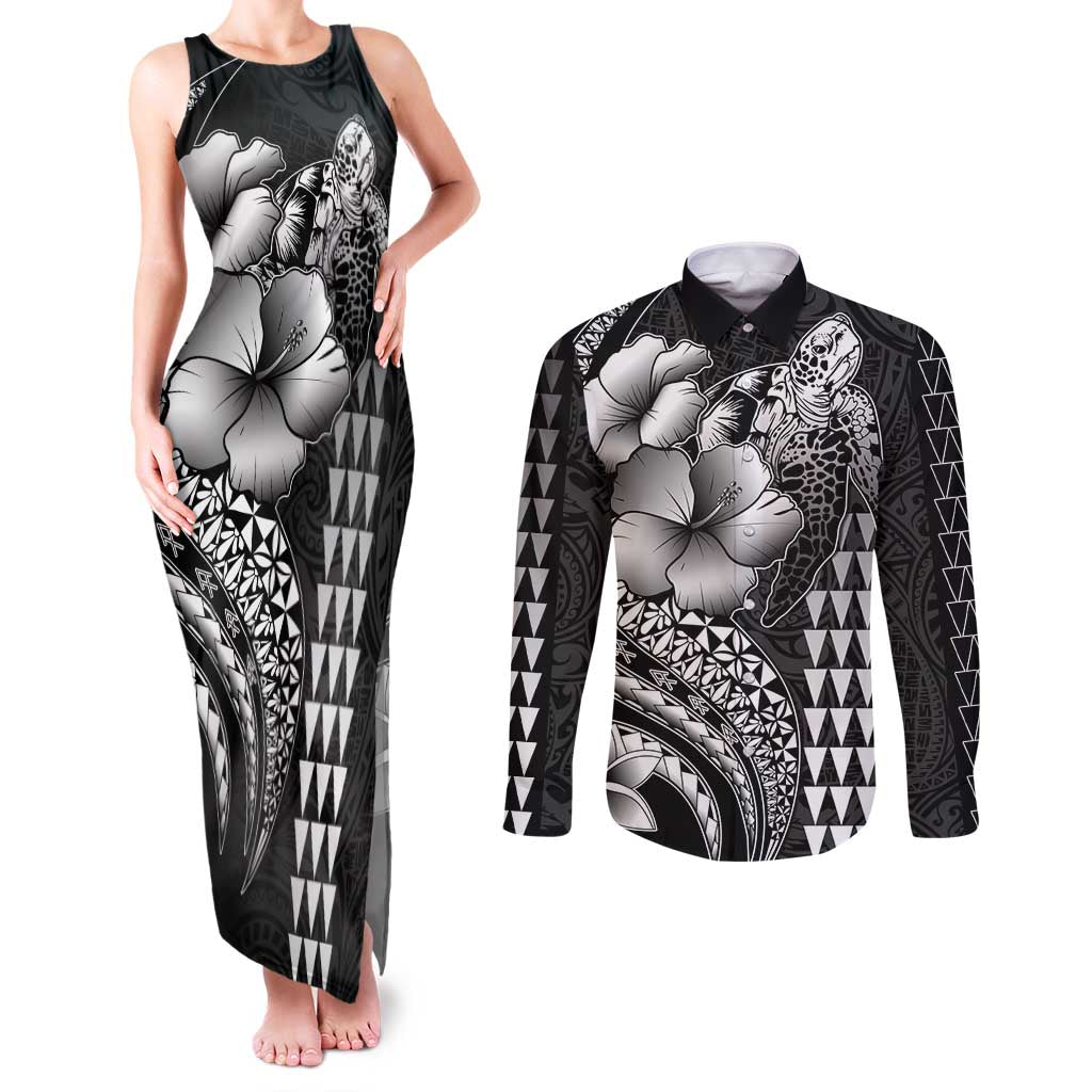 Hawaiian Sea Turtle Couples Matching Tank Maxi Dress and Long Sleeve Button Shirt Black Hibiscus Flowers and Kakau Pattern LT9 Black - Polynesian Pride