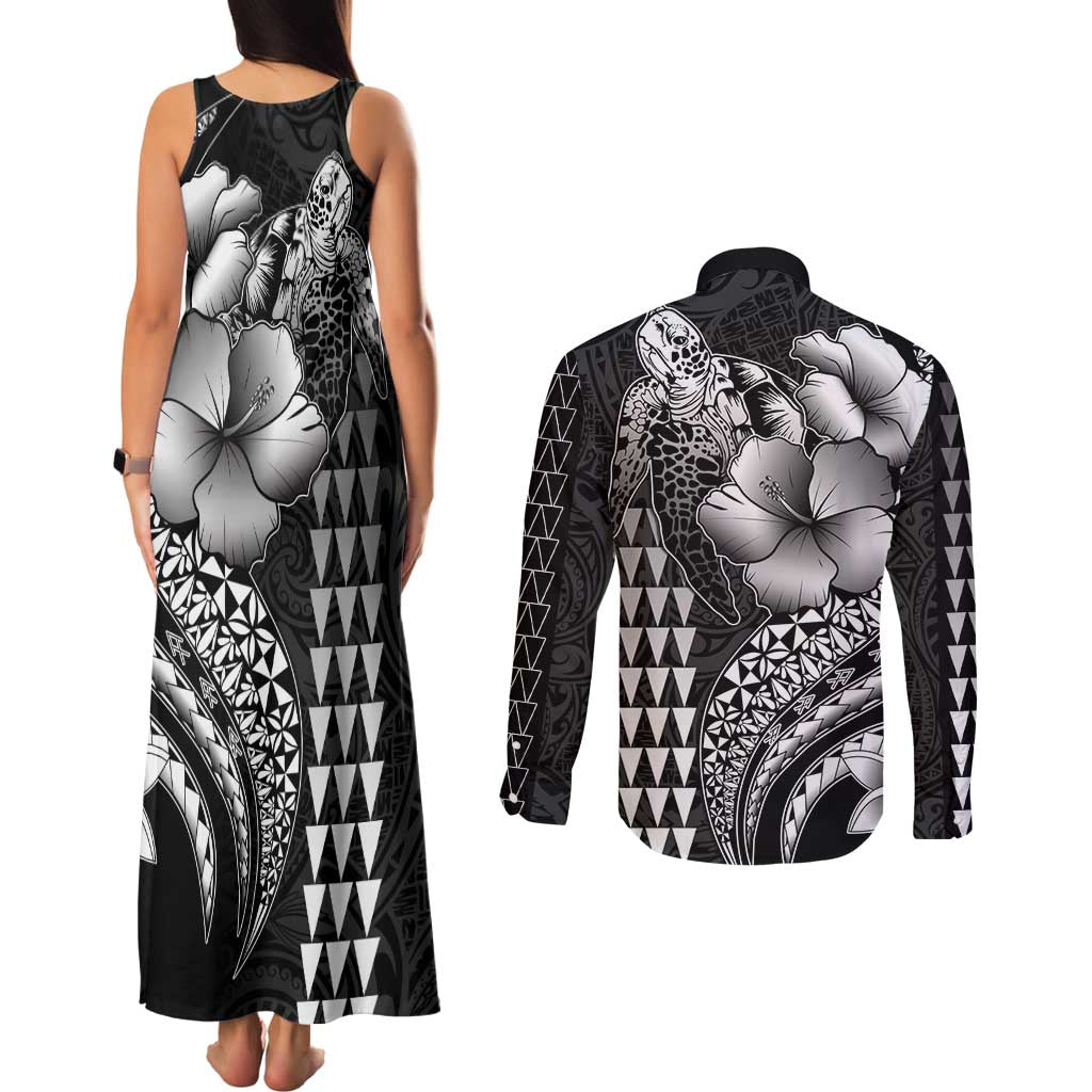 Hawaiian Sea Turtle Couples Matching Tank Maxi Dress and Long Sleeve Button Shirt Black Hibiscus Flowers and Kakau Pattern LT9 - Polynesian Pride