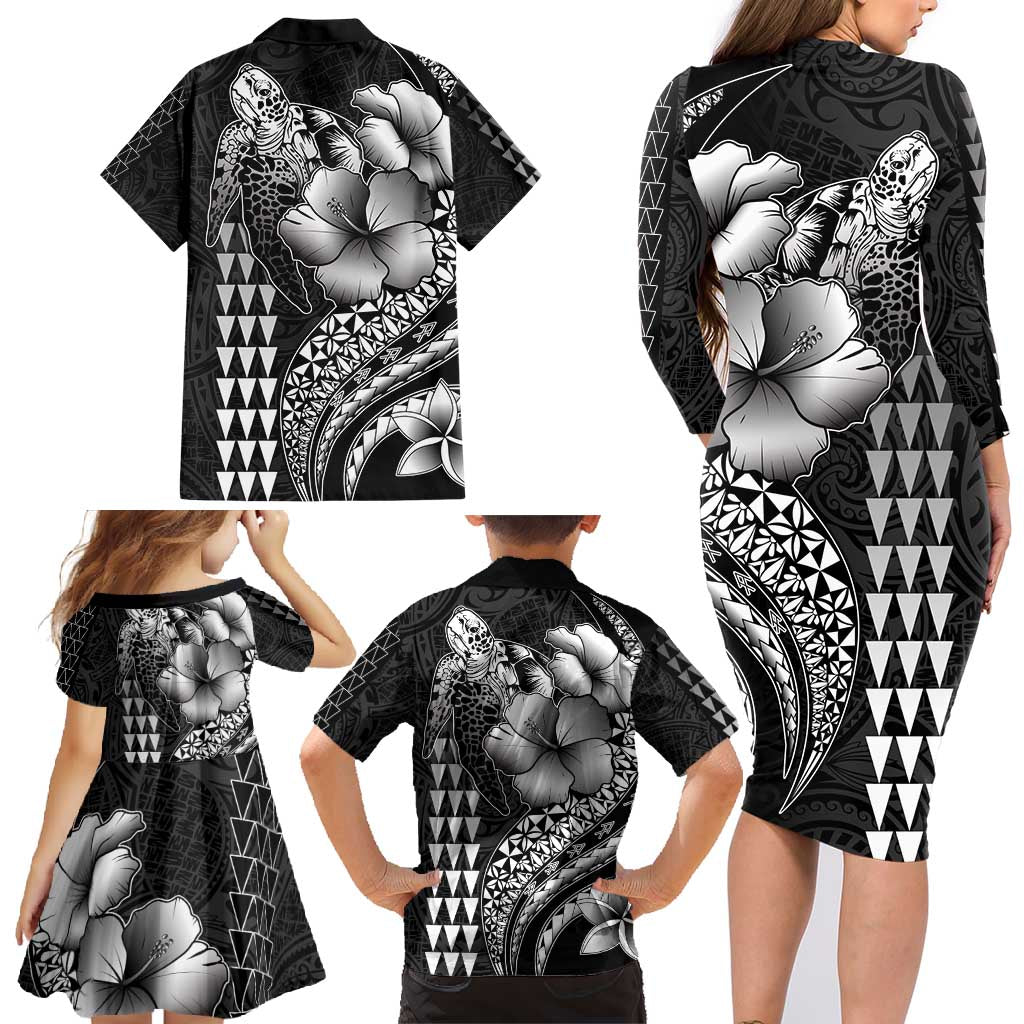 Hawaiian Sea Turtle Family Matching Long Sleeve Bodycon Dress and Hawaiian Shirt Black Hibiscus Flowers and Kakau Pattern LT9 - Polynesian Pride